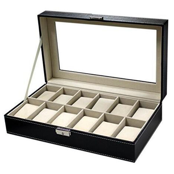 Sodynee 12 Mens Large Watch Box Case Black Pu Leather Display Glass Top Jewelry Case Organizer Box
