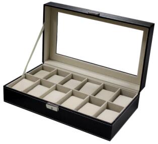 Sodynee 12 Mens Large Watch Box Black Pu Leather Display Glass Top Jewelry Case Organizer Box