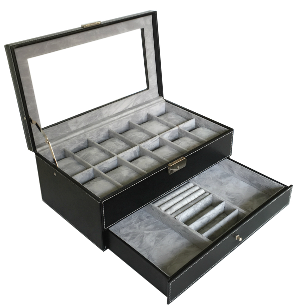 Sodynee Watch Box Large 12 Mens Black Pu Leather Display Glass Top with Jewelry Box Case Organizer Tray