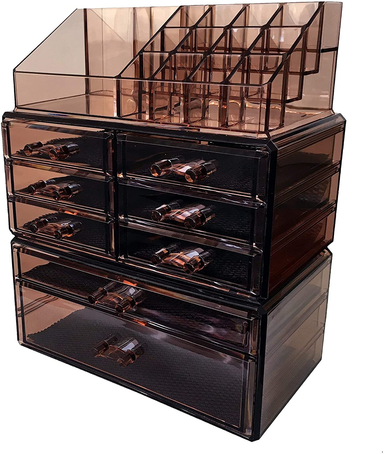Sodynee Acrylic Makeup Cosmetic Organizer Storage Drawers Display Boxes Case, Three Pieces Set, Brown