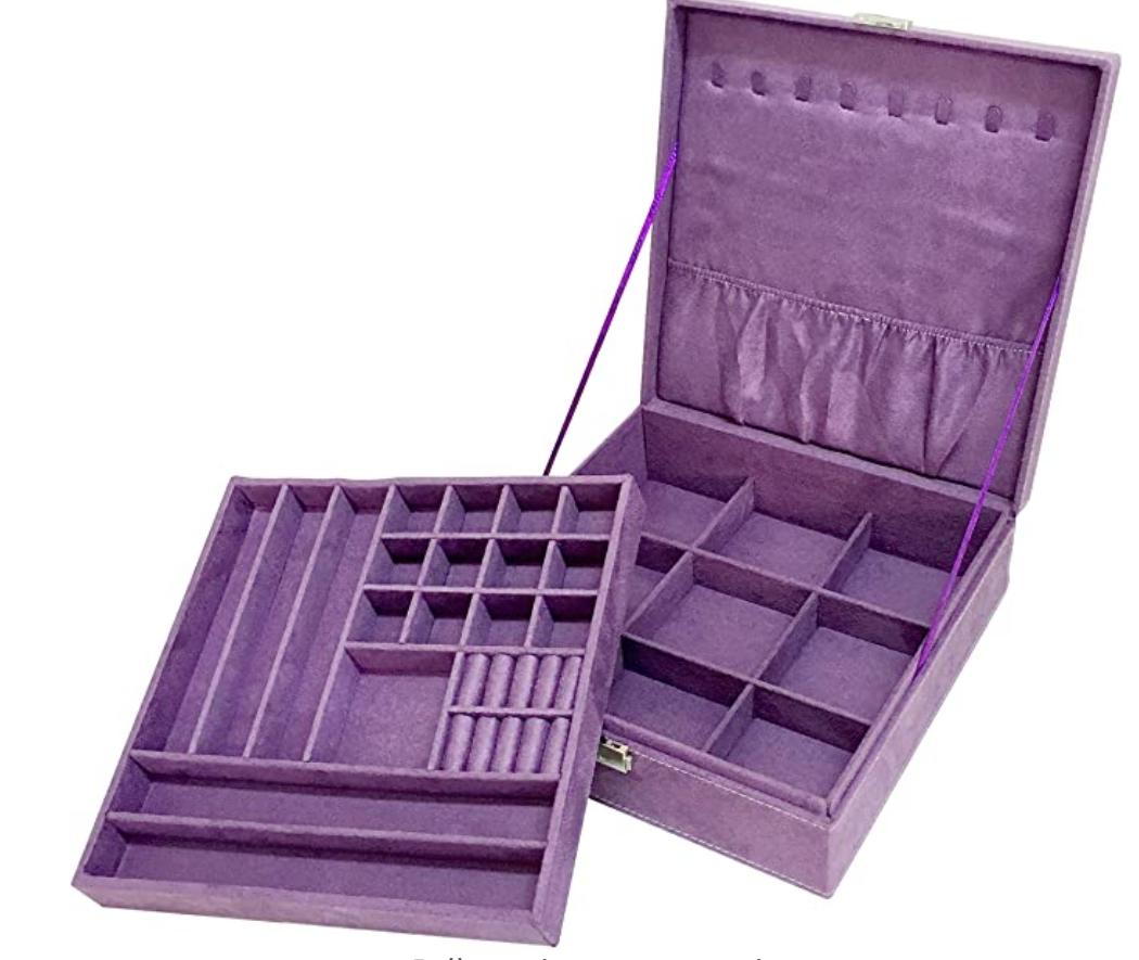 Sodynee Purple Two-Layer Lint Jewelry Box Organizer Display Storage Case with Lock
